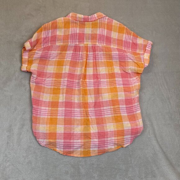 Time & Tru Women's Linen Blend Shirt L Plaid Button-Up Pink Orange Short Sleeve - Picture 11 of 14